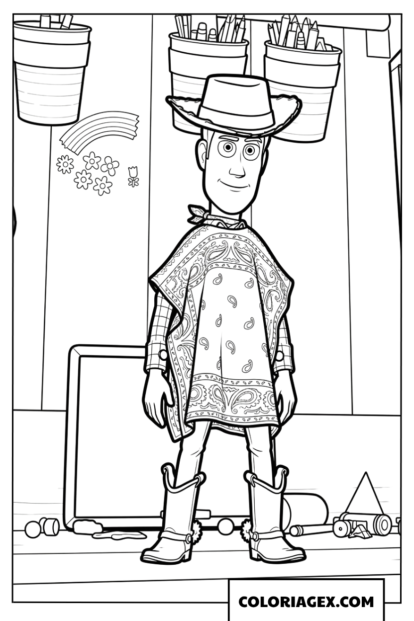 Coloriage de Woody en tenue de cow-boy stylée