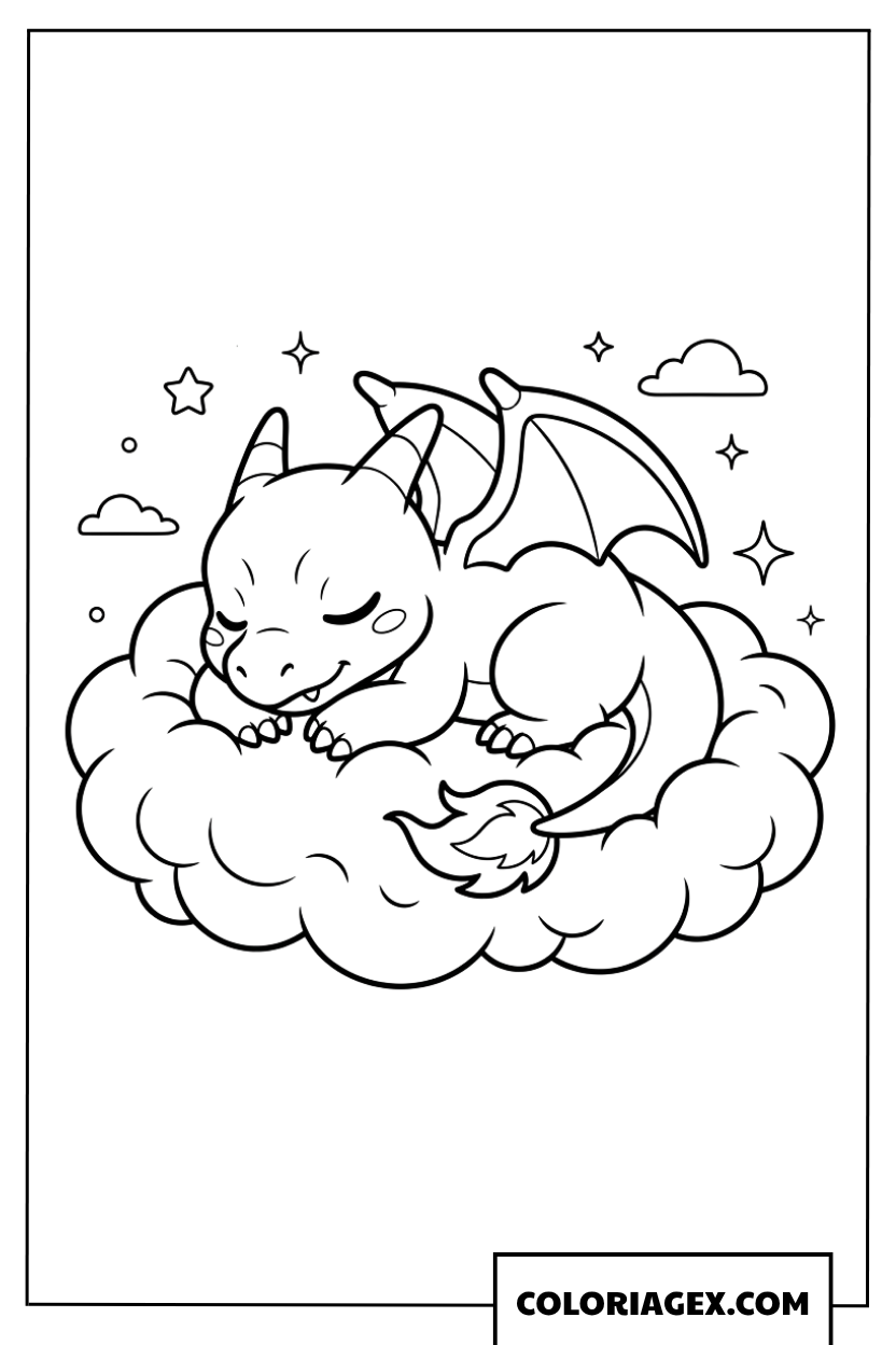 Coloriage de bebe Charizard dormant sur un nuage