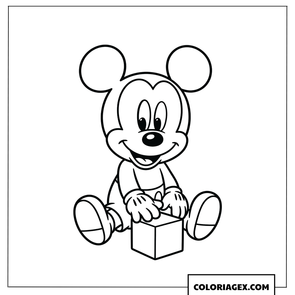 Coloriage de bebe Mickey adorable jouant avec un cube