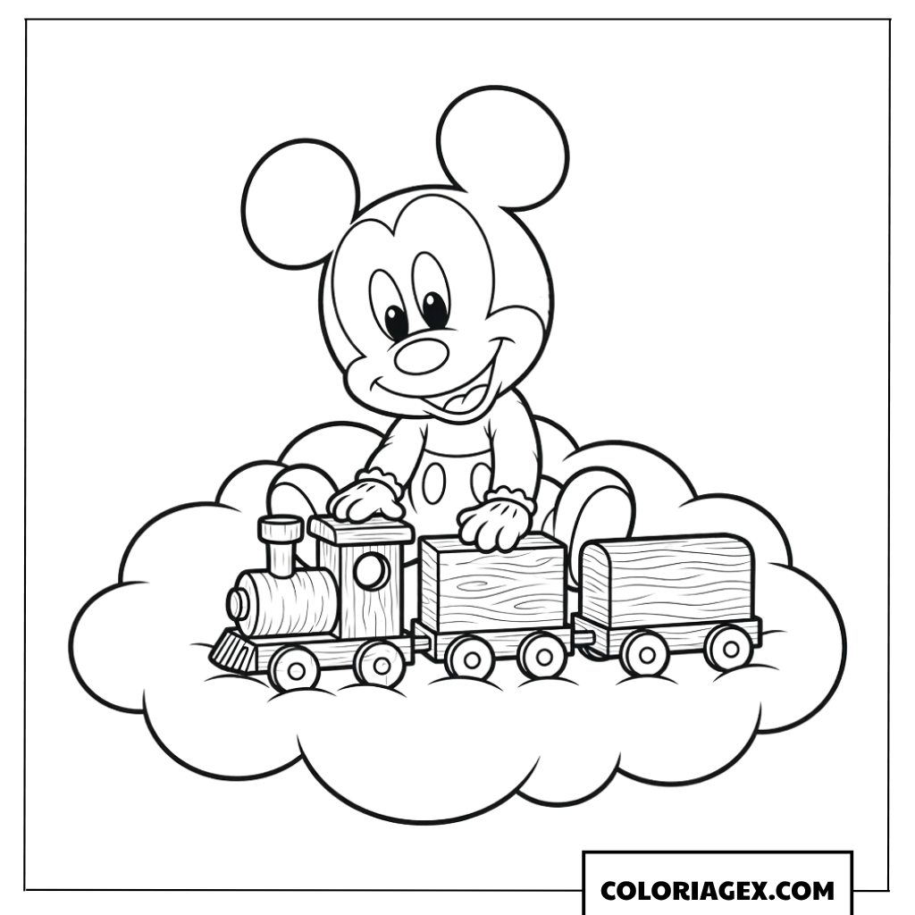Coloriage de bebe Mickey assis sur un nuage jouant avec un train