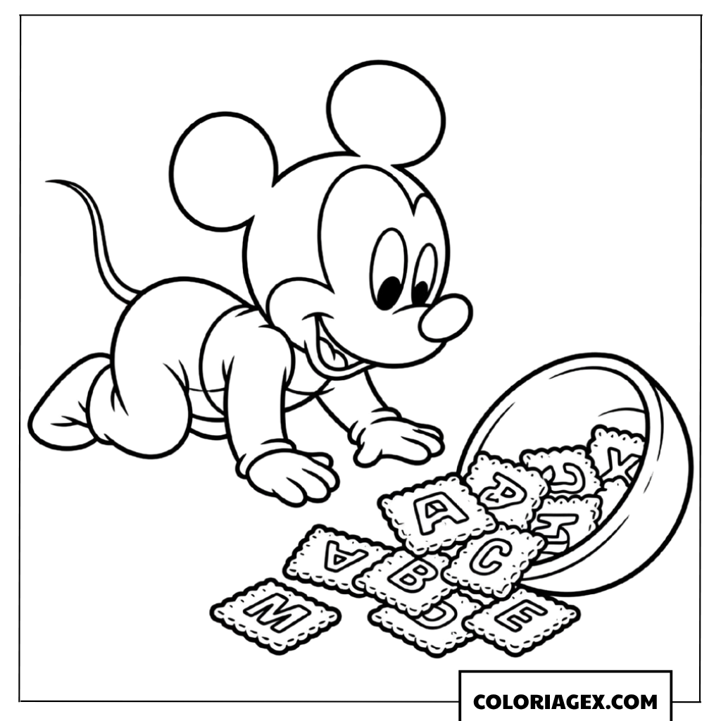 Coloriage de bebe Mickey decouvrant des biscuits en forme de lettres