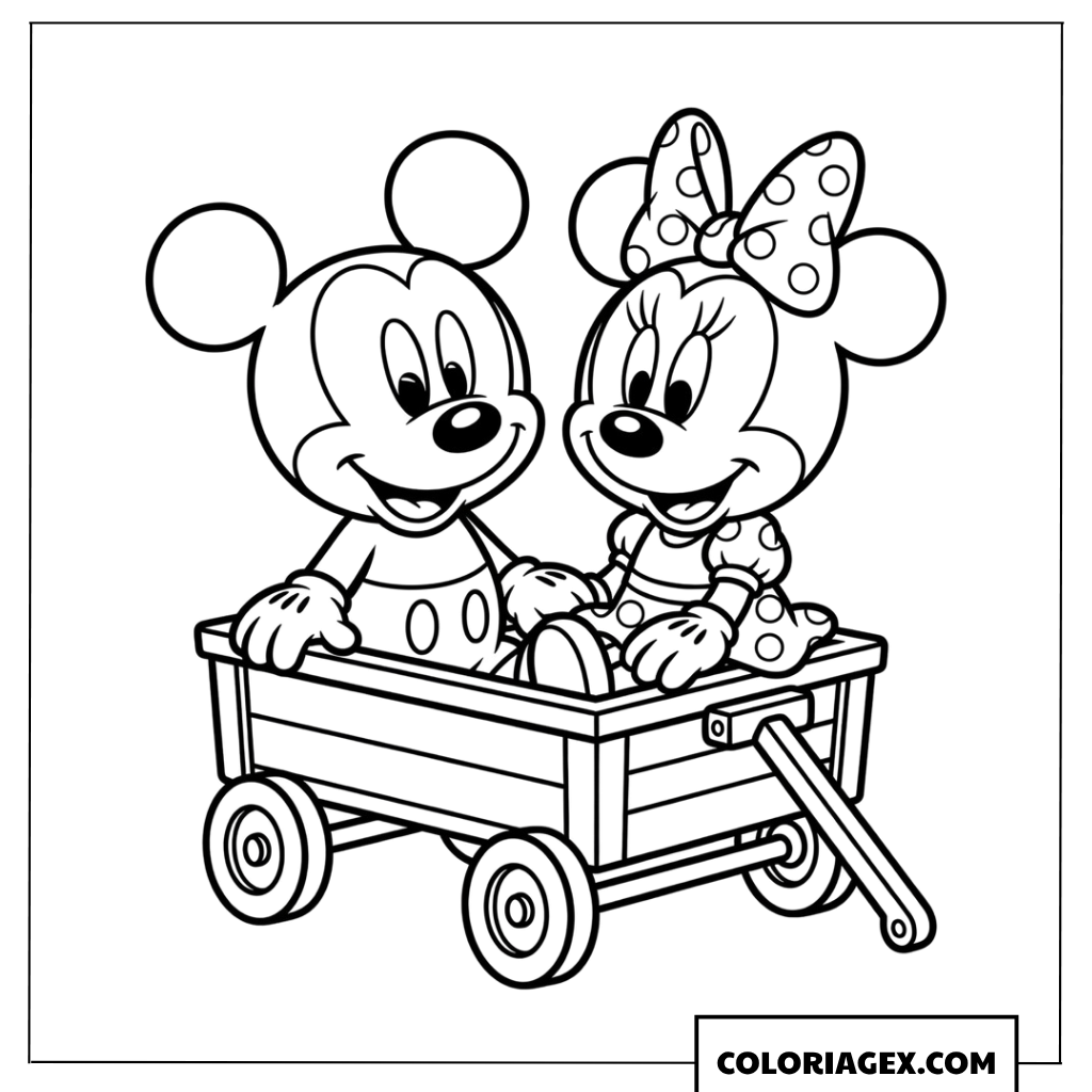 Coloriage de bebe Mickey et Minnie assis dans un chariot en bois