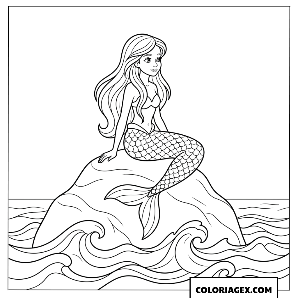 Coloriage de belle sirene assise sur un rocher au milieu des vagues