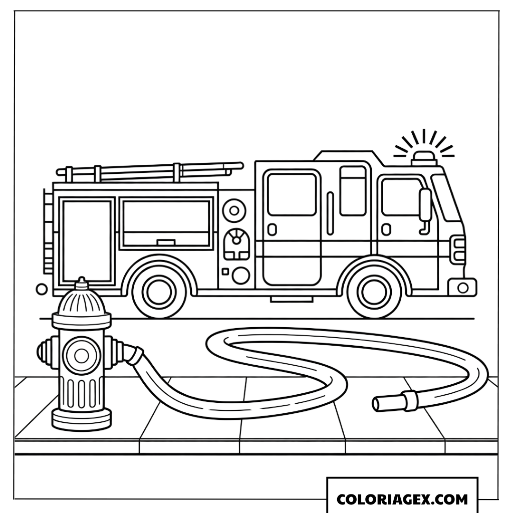 Coloriage de camion de pompier branché a une bouche d incendie