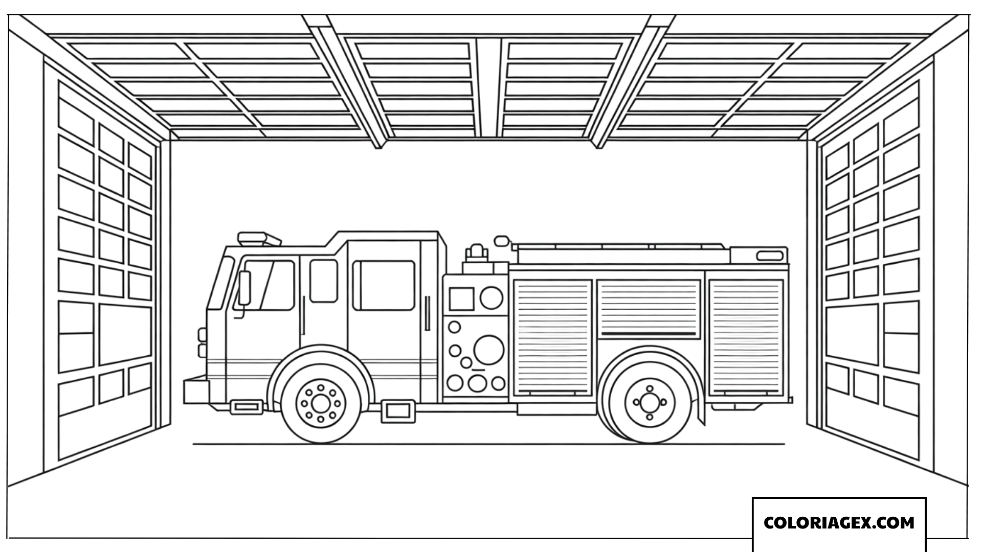 Coloriage de camion de pompier gare dans le garage