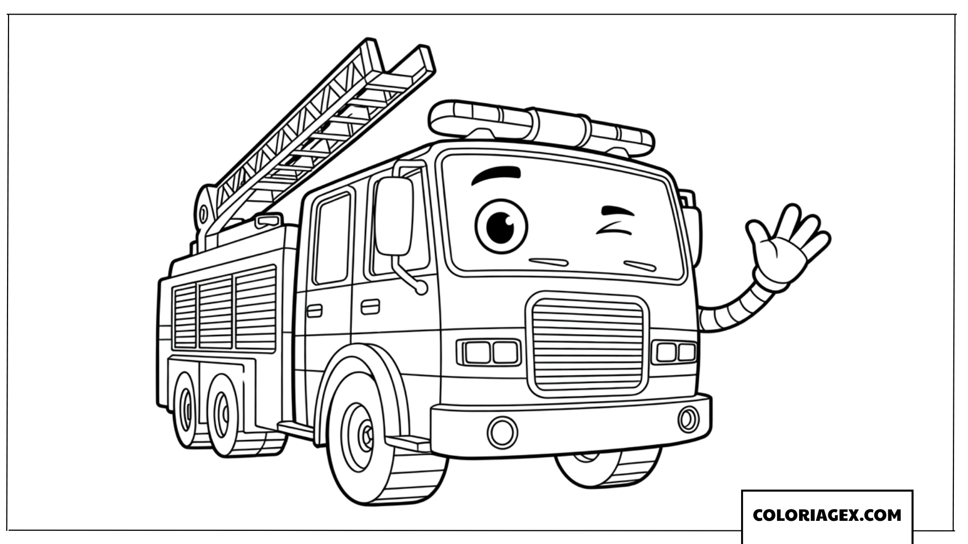 Coloriage de camion de pompier sympathique qui fait coucou