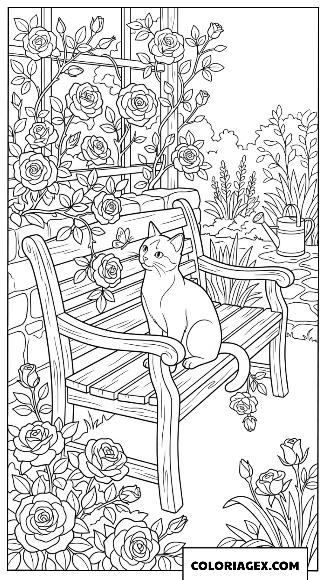 Coloriage de chat assis sur un banc de jardin parmi des roses