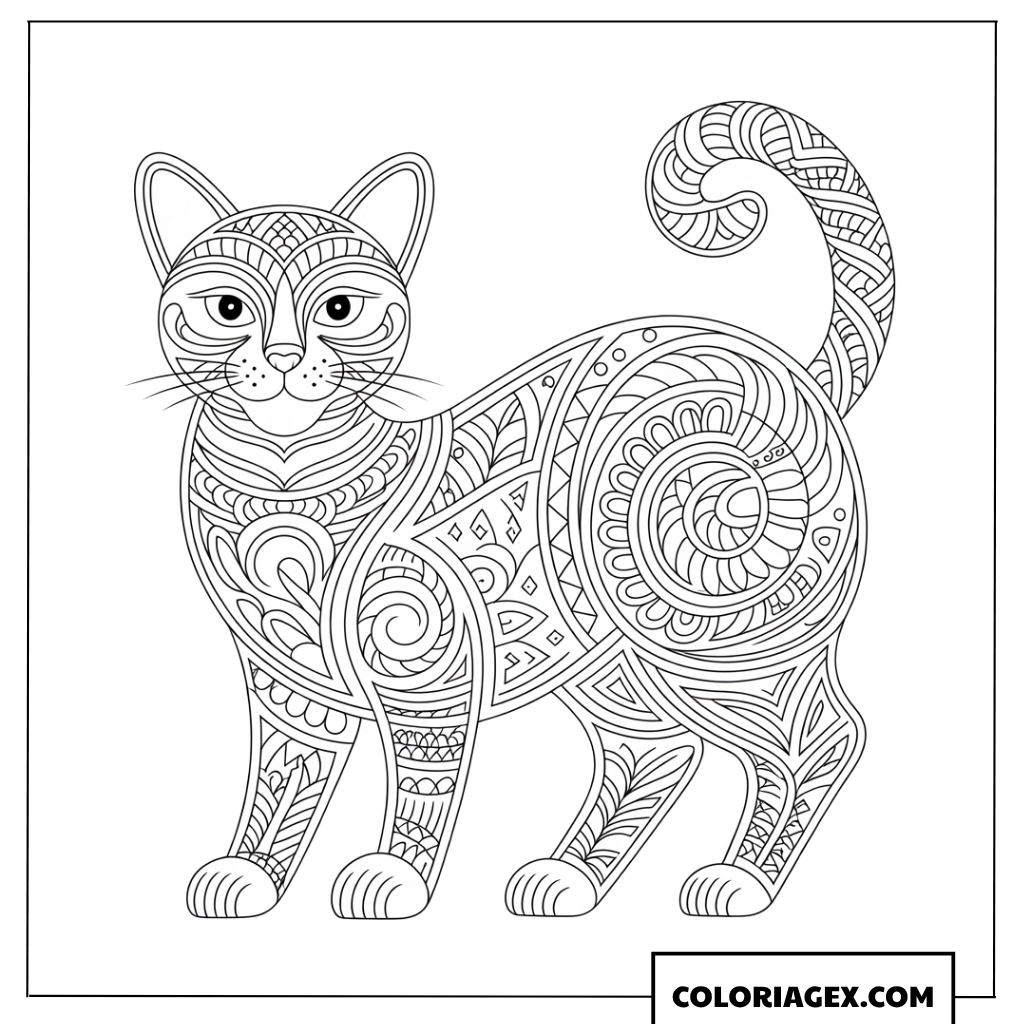 Coloriage de chat aux motifs Mandala complexes