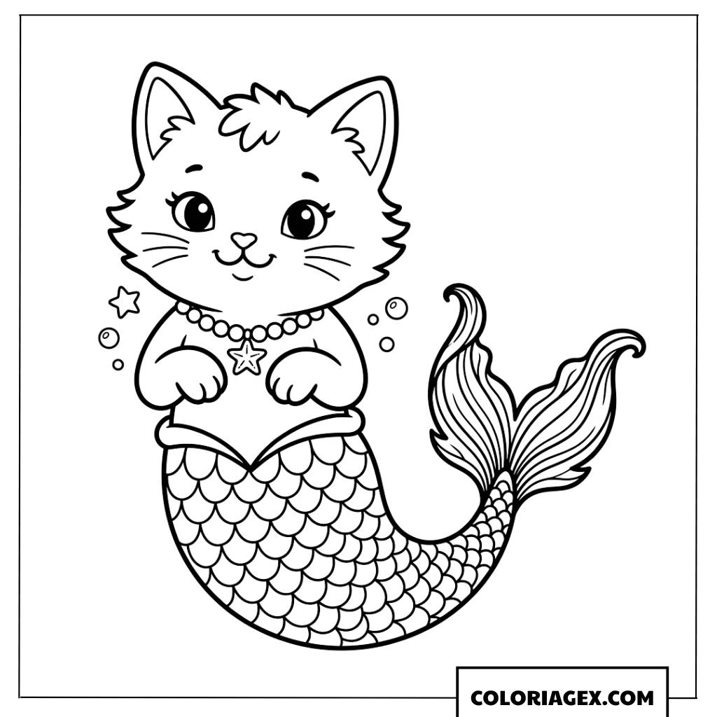 Coloriage de chat sirene Chibi avec des oreilles de chat mignon