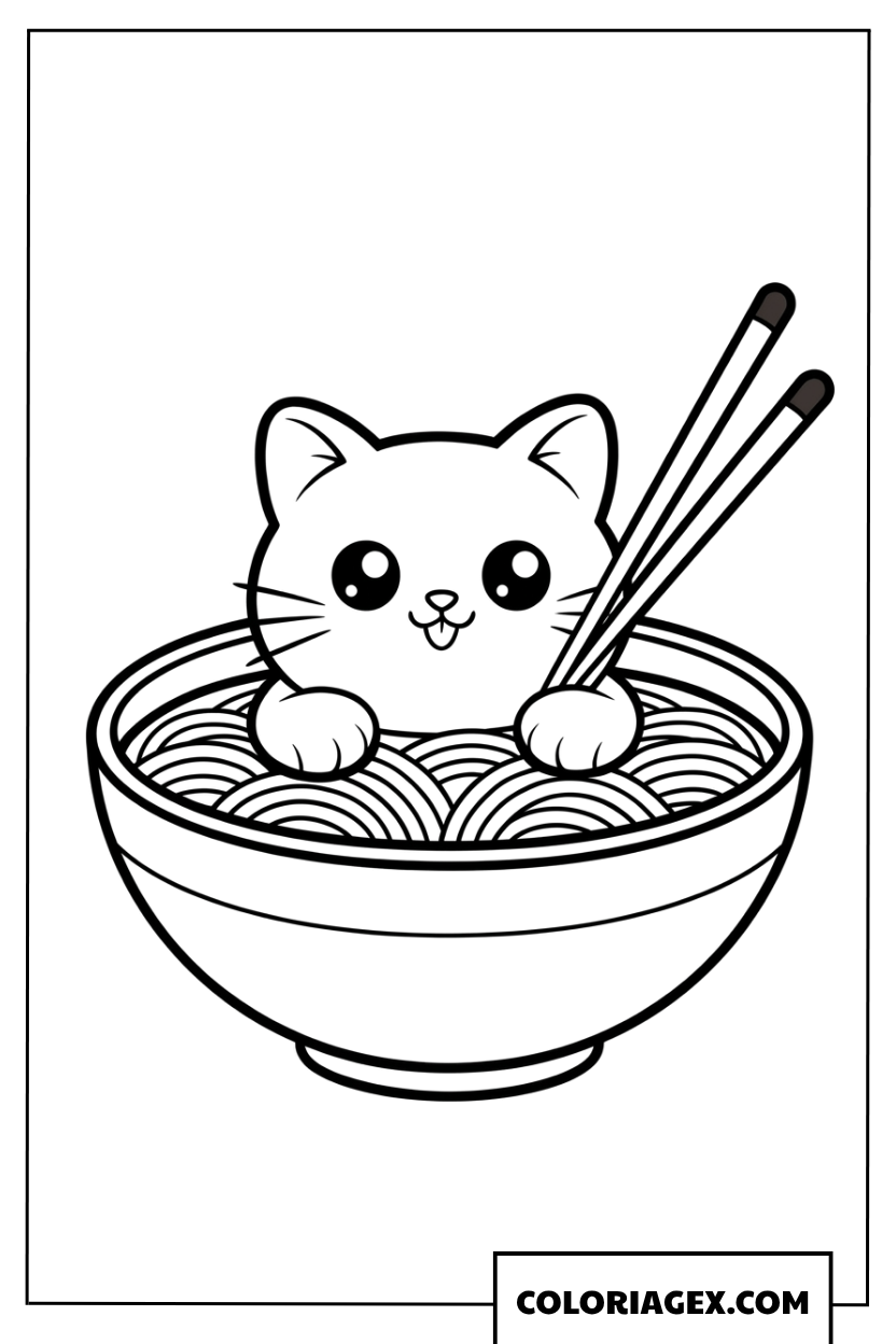 Coloriage de chaton amusant assis dans un bol de nouilles
