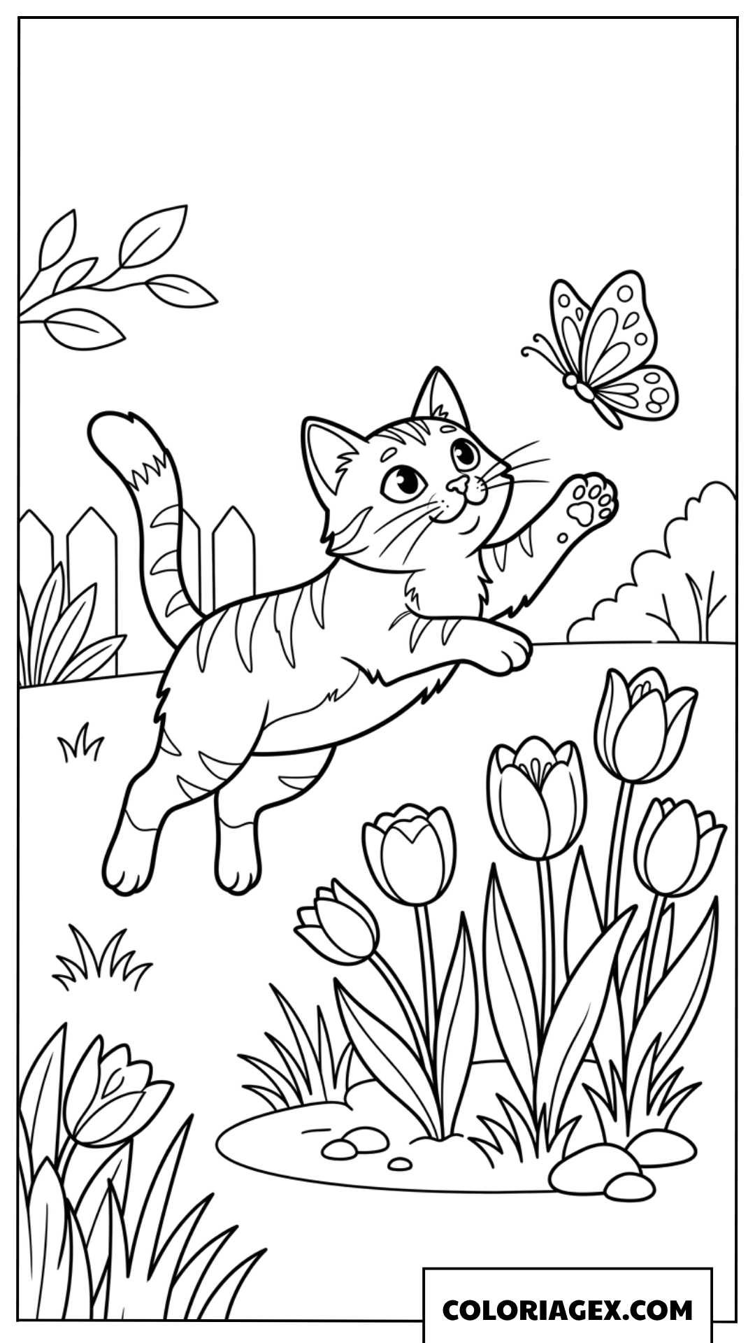 Coloriage de chaton espiègle attrapant un papillon dans le jardin