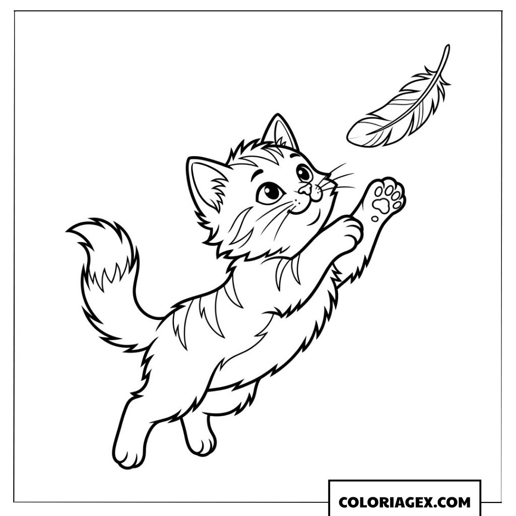 Coloriage de chaton mignon attrapant une plume en vol