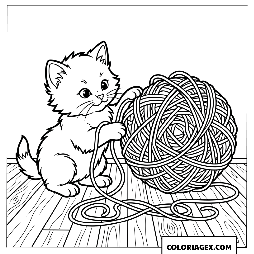 Coloriage de chaton mignon jouant avec une pelote de laine