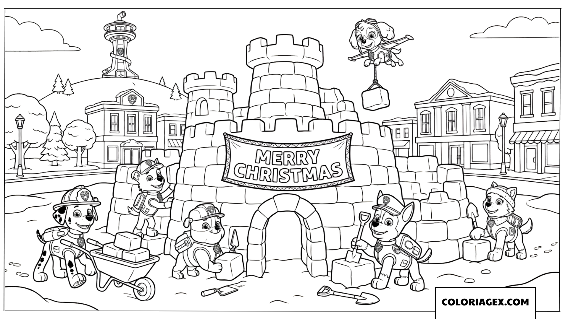 Coloriage de chiots Paw Patrol construisant un château de neige de Noël