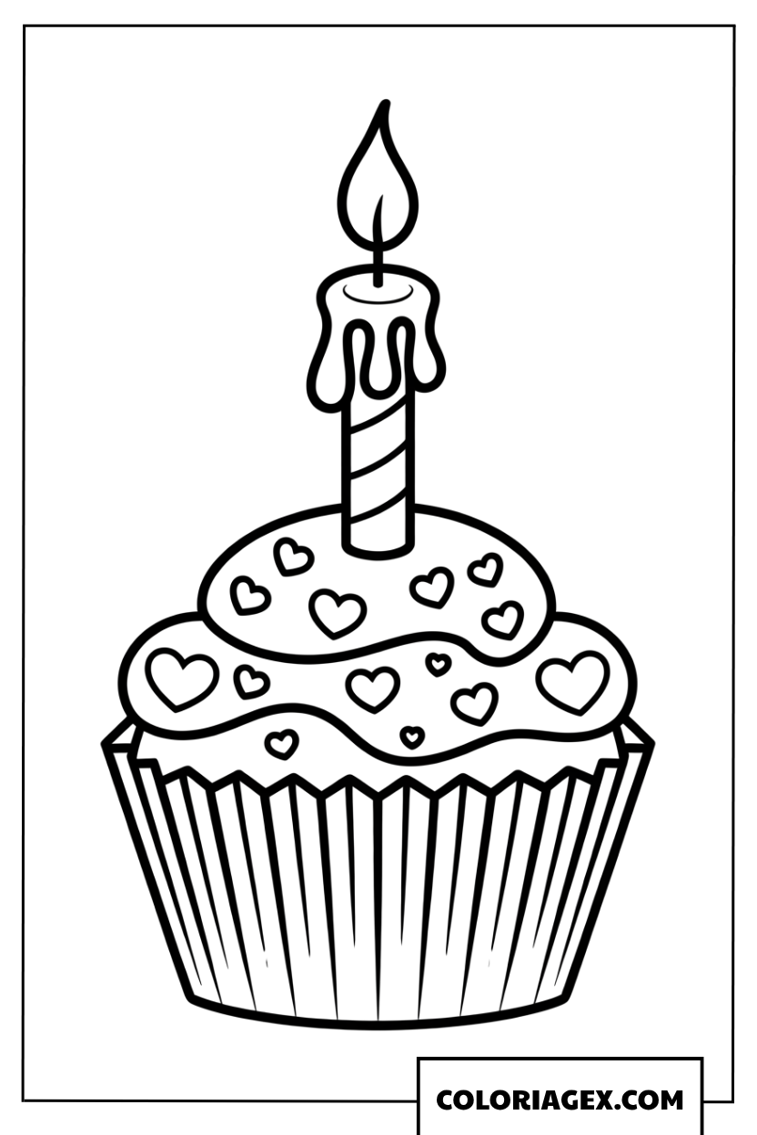 Coloriage de cupcake anniversaire avec des petits coeurs