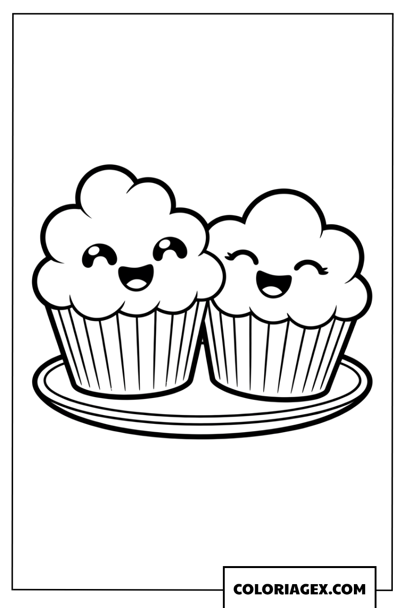 Coloriage de deux adorables cupcakes kawaii assis ensemble