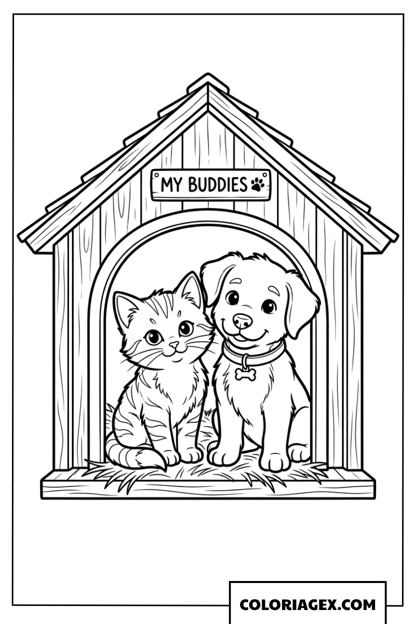 Coloriage de deux amis inséparables dans une petite niche en bois