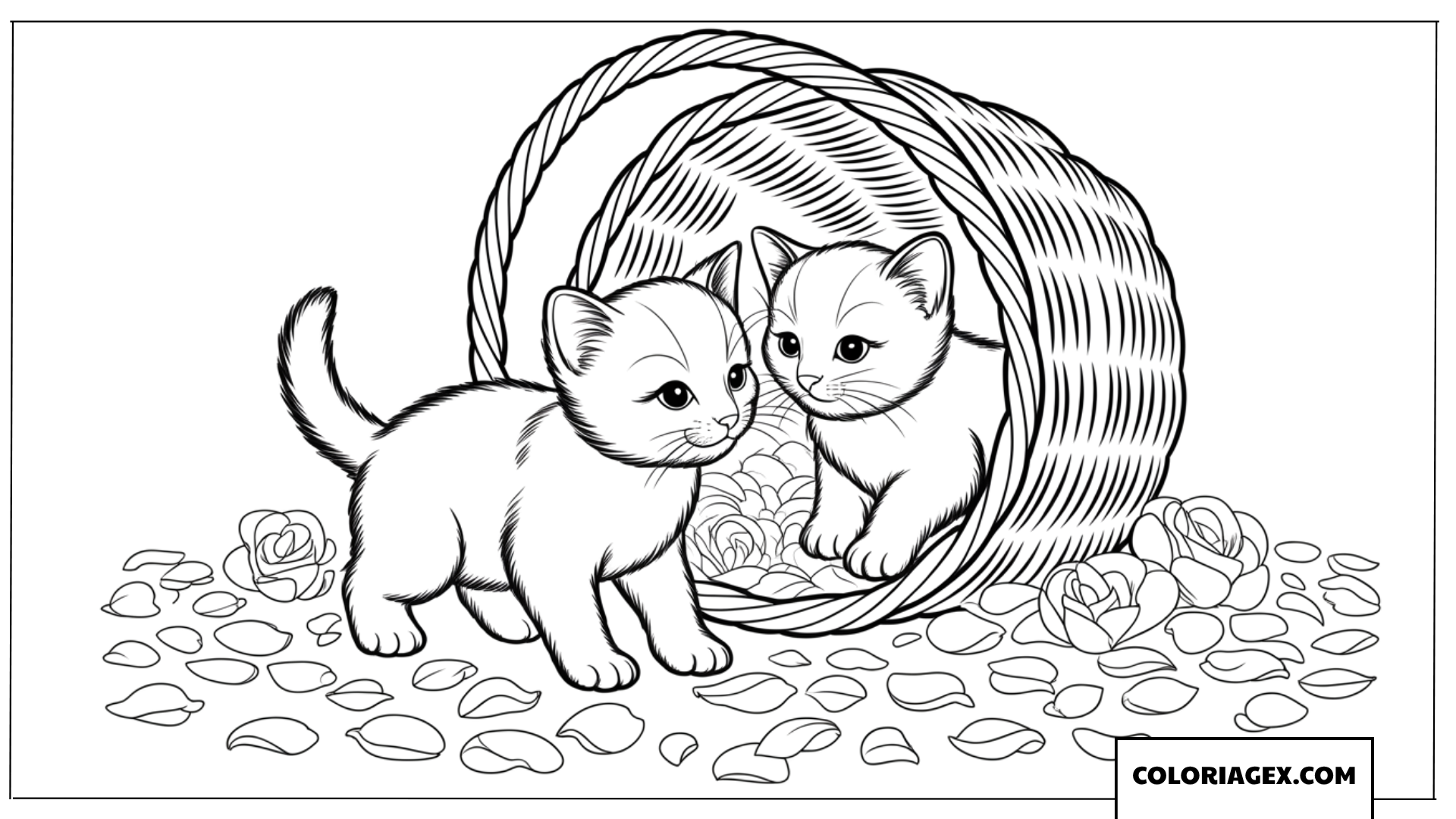 Coloriage de deux chatons jouant dans un panier de fleurs