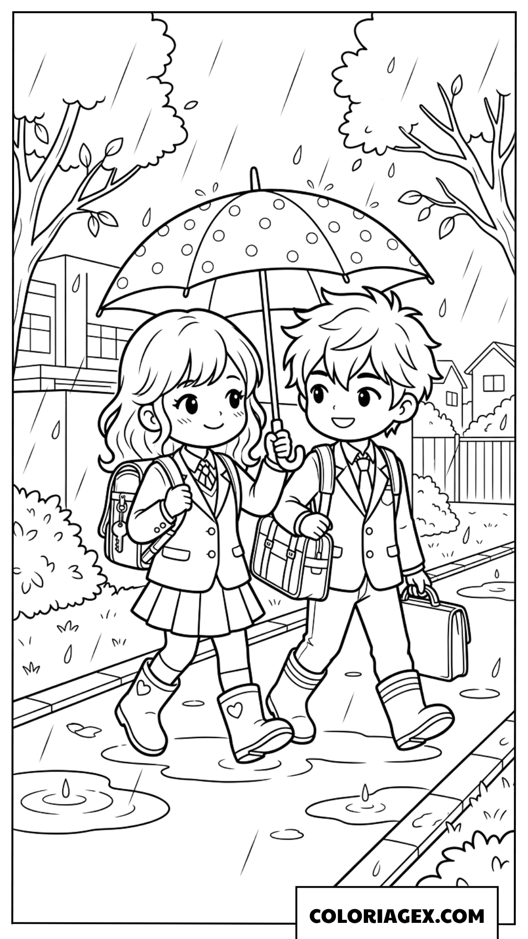 Coloriage de deux etudiants chibi sous un parapluie