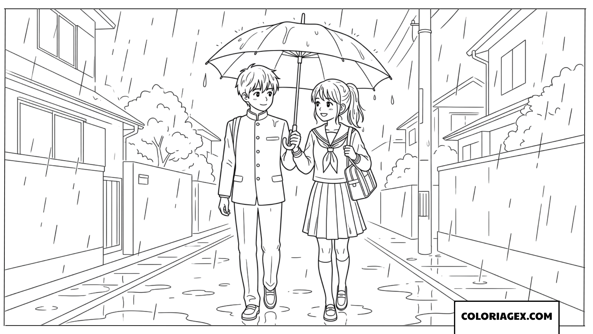 Coloriage de deux étudiants partageant un parapluie sous la pluie