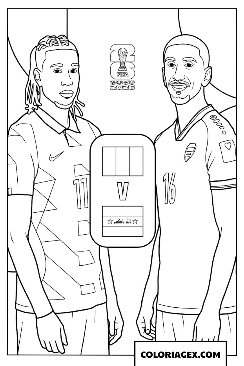 Coloriage de deux joueurs de la France et de Irak au Mondial 2026