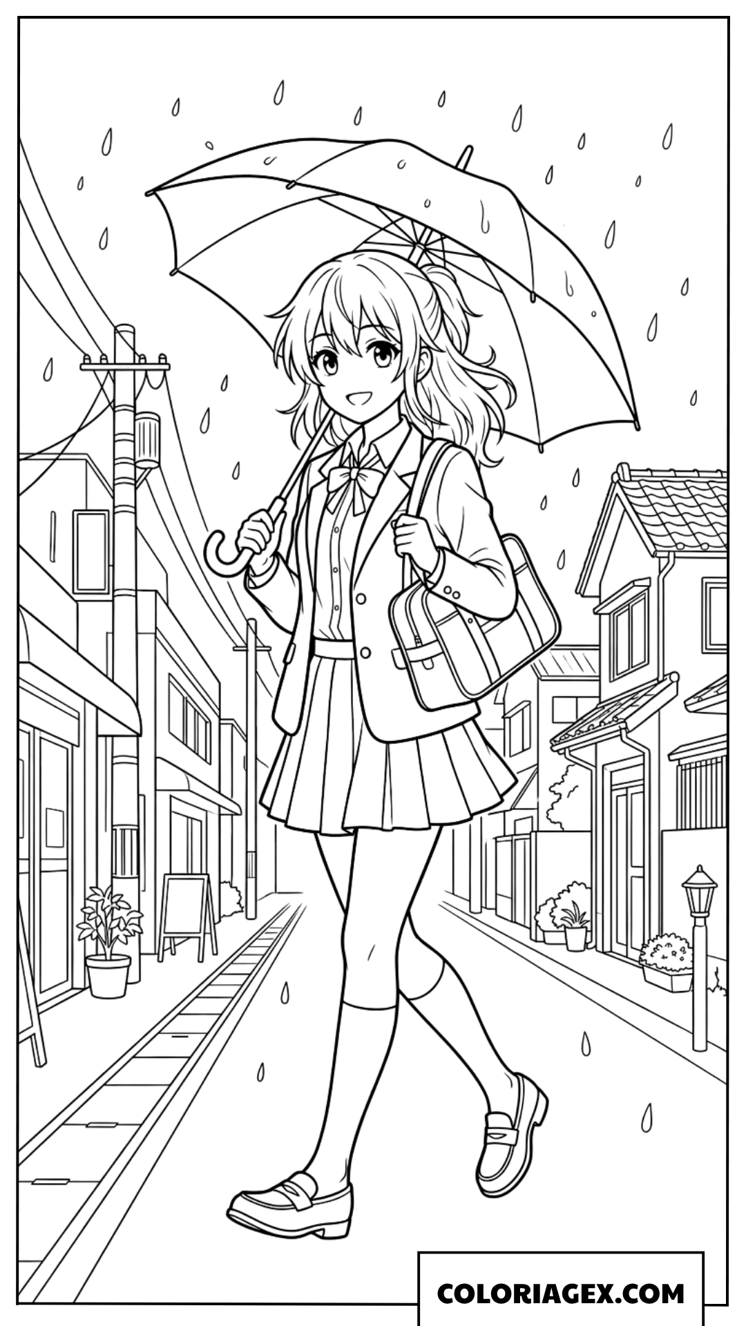 Coloriage de fille anime marchant sous la pluie