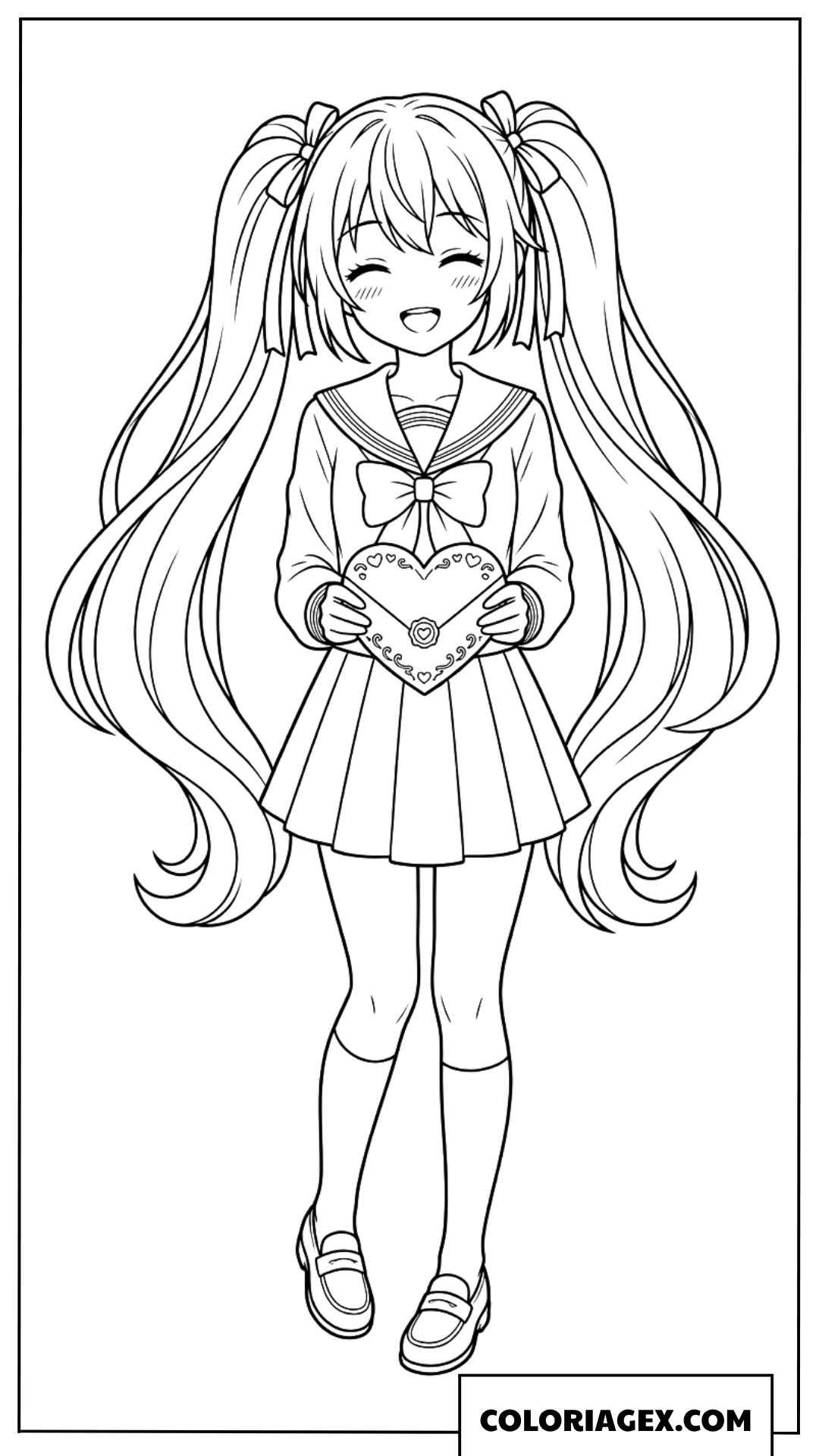 Coloriage de fille anime tenant une lettre coeur