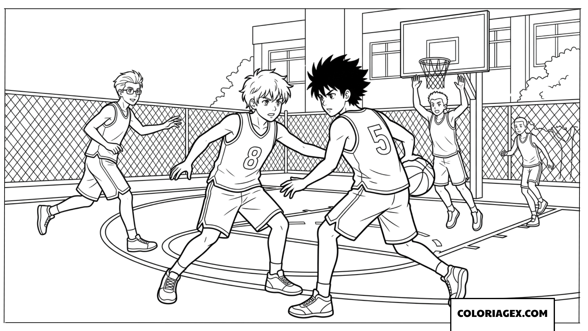 Coloriage de garçons jouant au basket sur le terrain de l'école