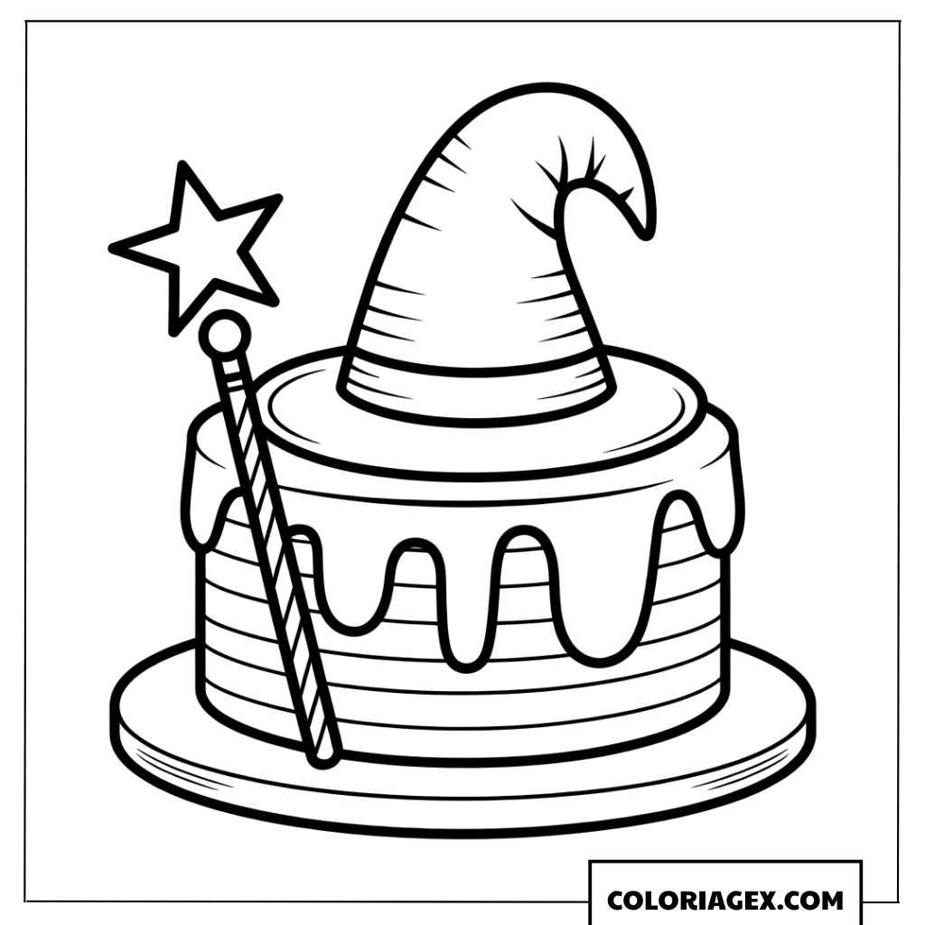 Coloriage de gateau de magicien avec baguette et chapeau