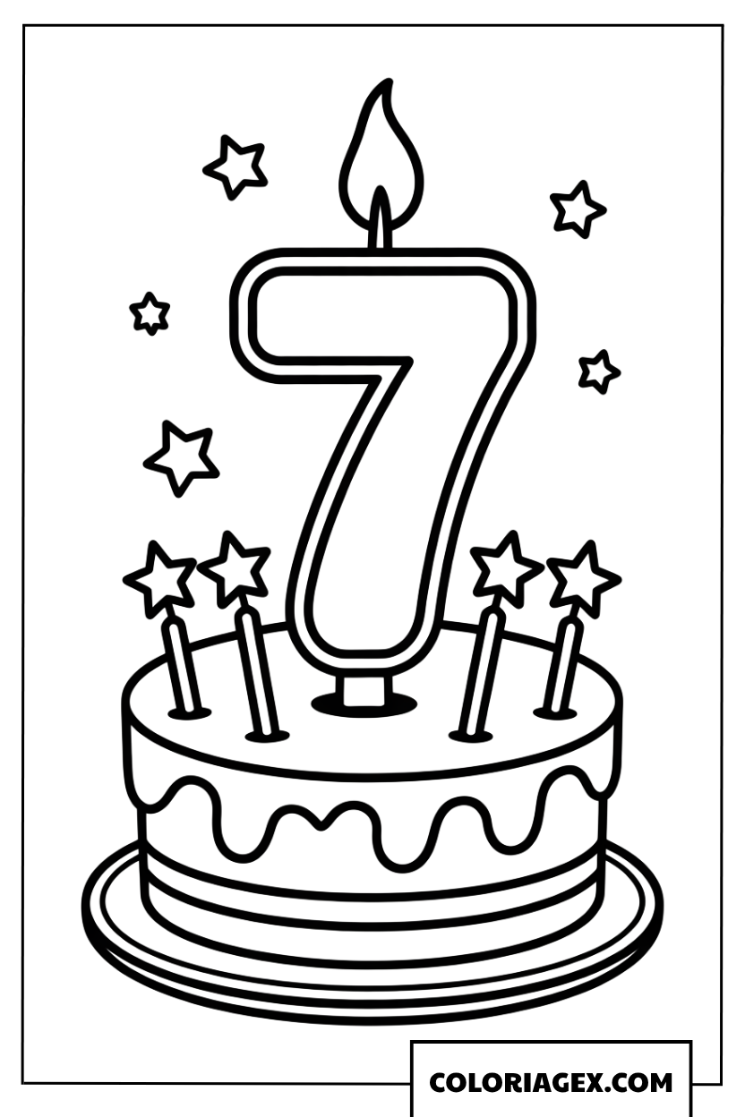 Coloriage de gateau festif avec une grande bougie chiffre sept