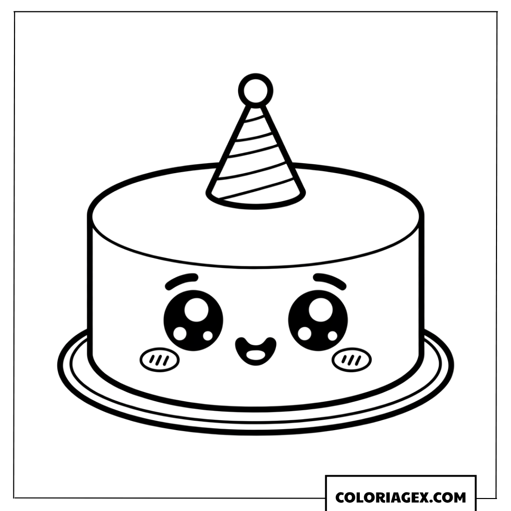 Coloriage de gateau kawaii rond avec un chapeau de fete