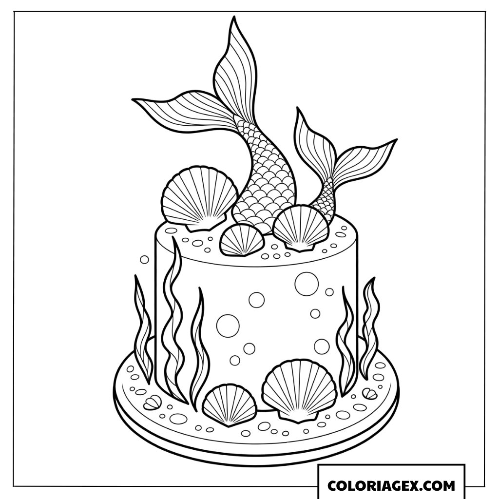 Coloriage de gateau theme sirene avec des coquillages