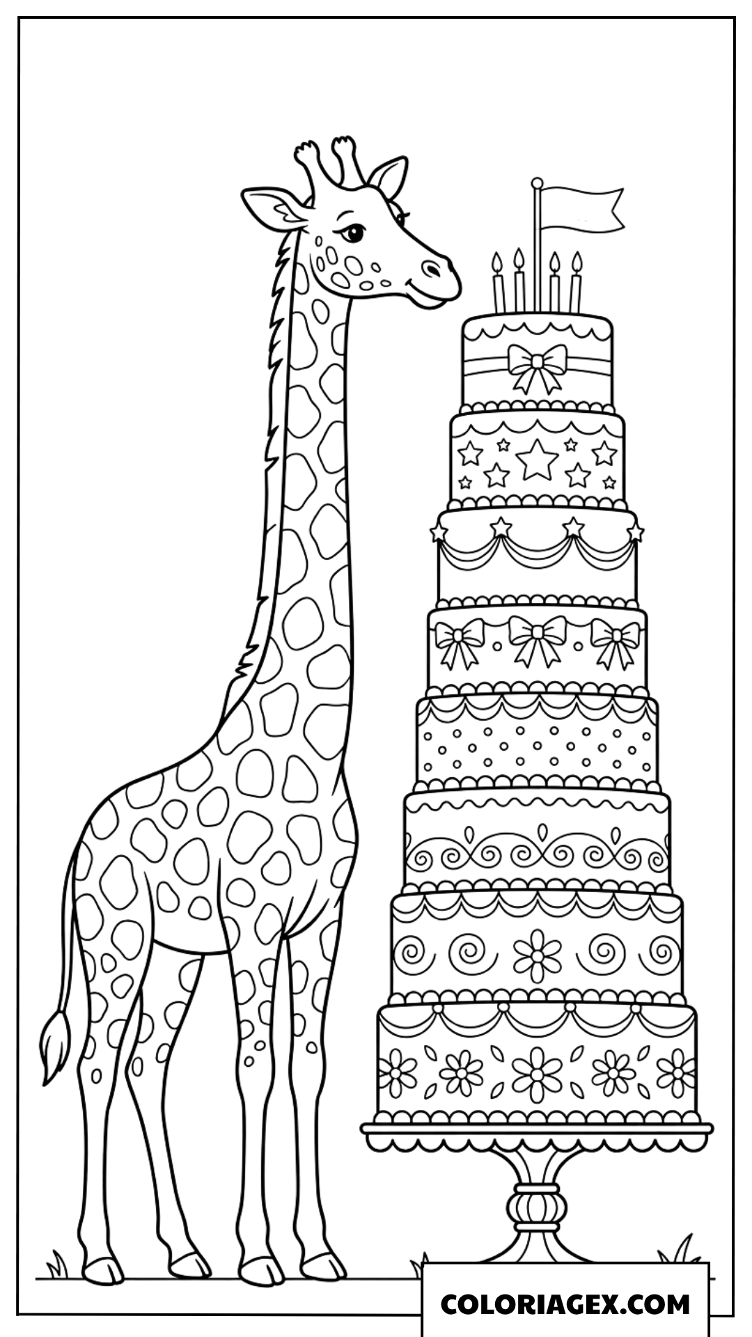 Coloriage de girafe curieuse observant une grande piece montee