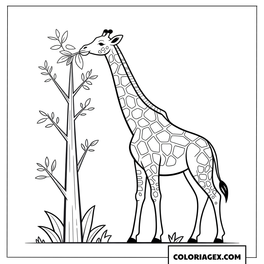 Coloriage de girafe mangeant des feuilles dans la savane