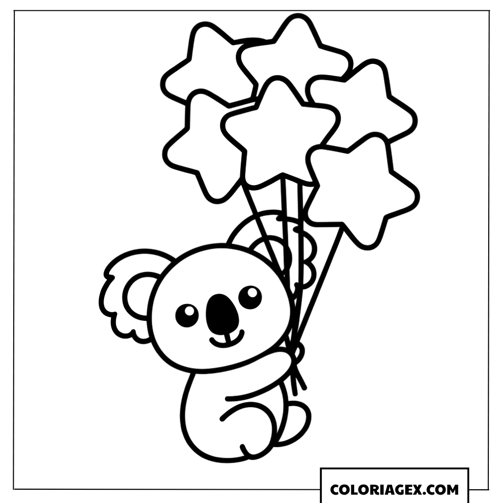 Coloriage de koala flottant avec des ballons etoiles