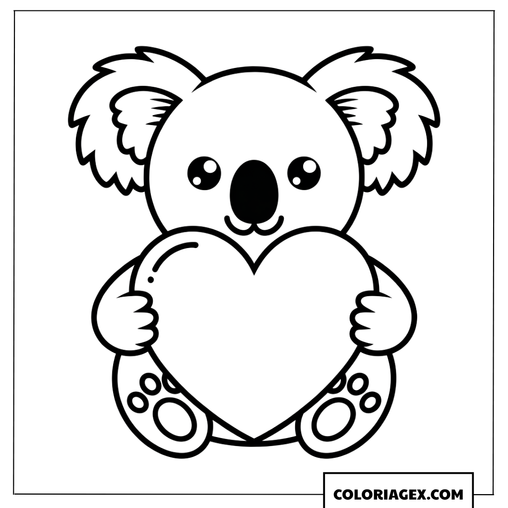 Coloriage de koala mignon tenant un grand coeur