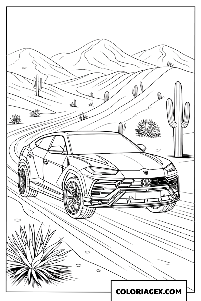 Coloriage de la Lamborghini Urus explorant le désert