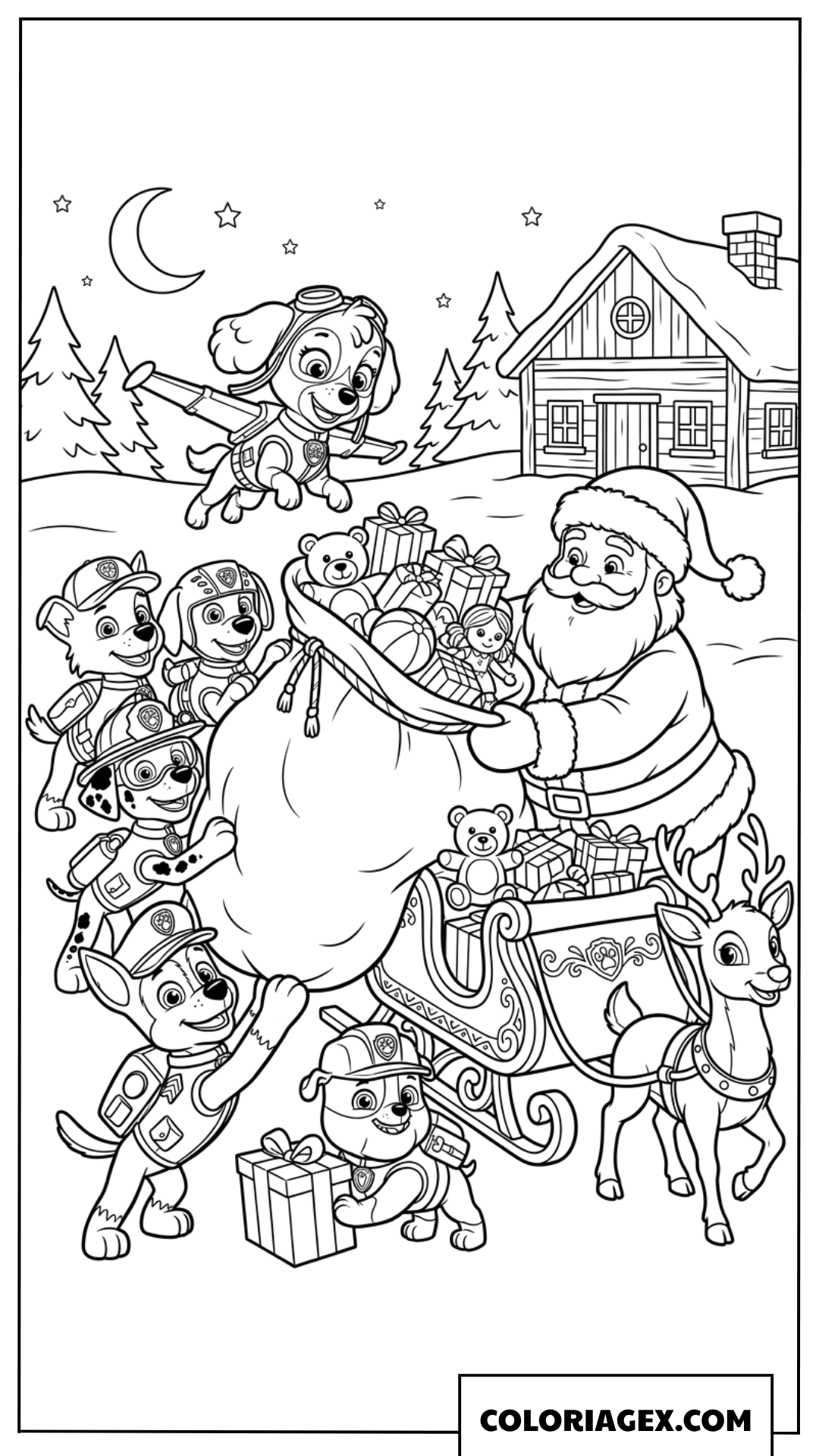 Coloriage de la Patrouille Paw aidant le Père Noël à charger les cadeaux