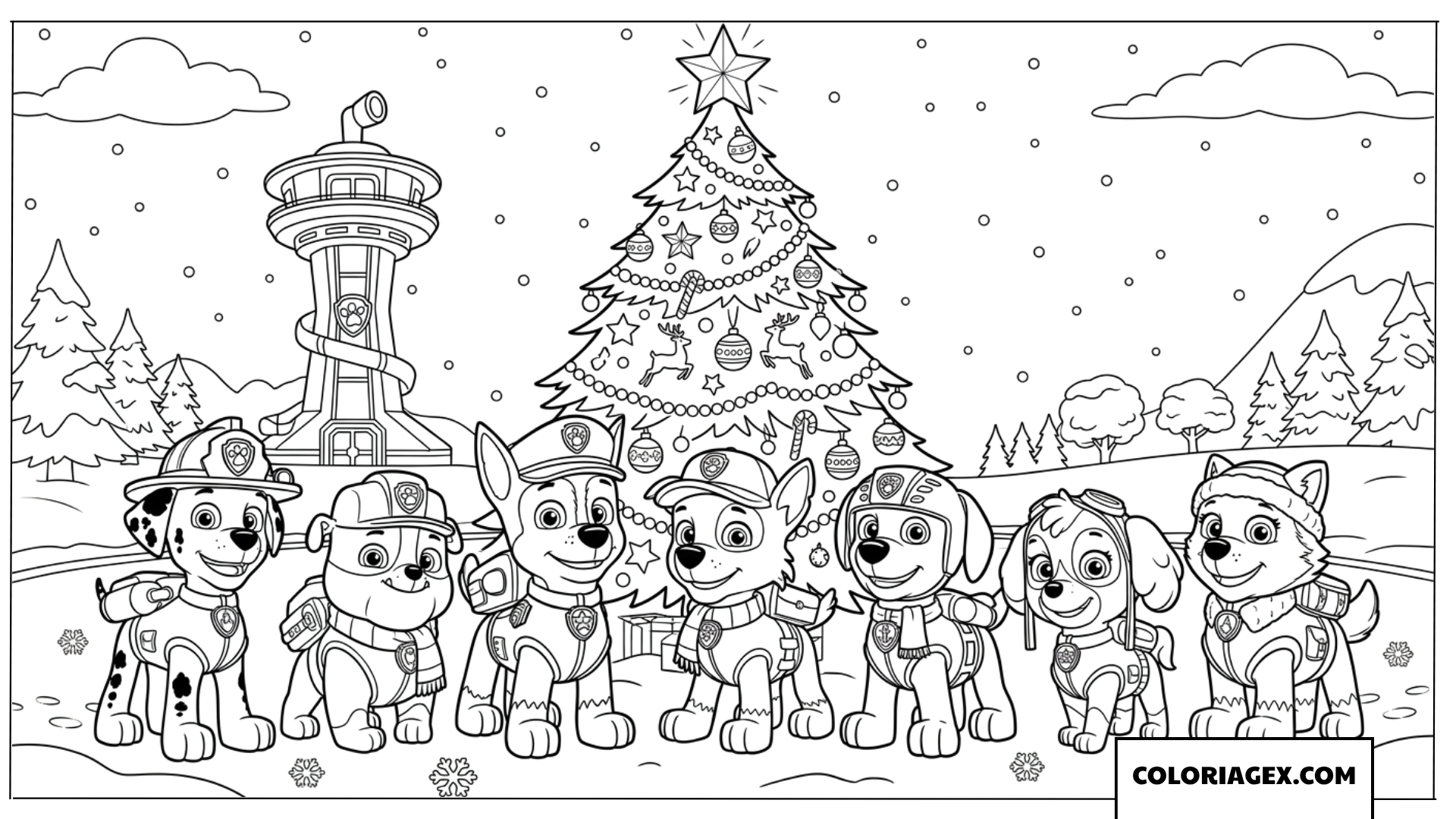 Coloriage de la Patrouille Paw devant le sapin de Noël