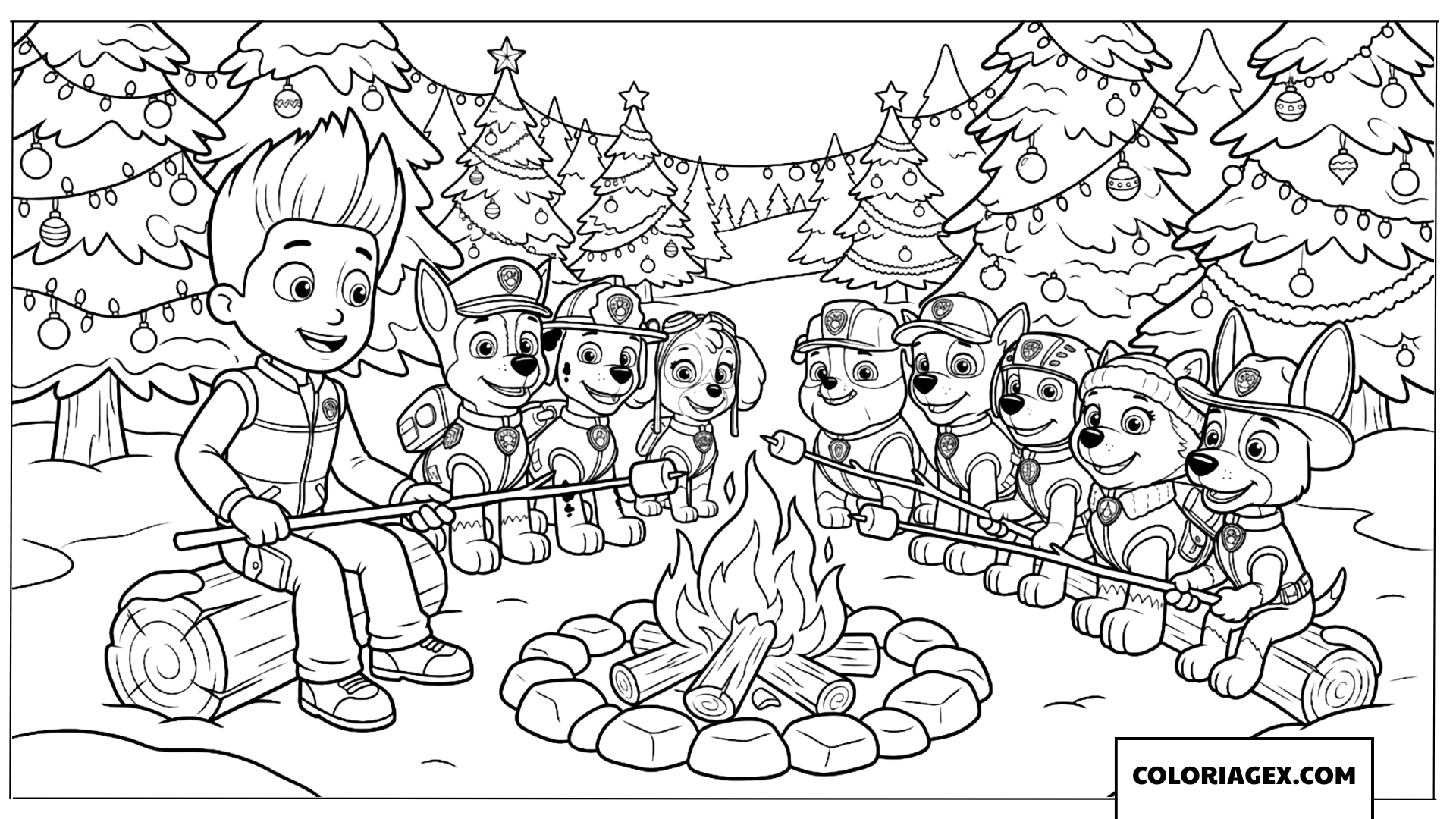 Coloriage de la Patrouille Paw rassemblée autour d'un feu de camp de Noël