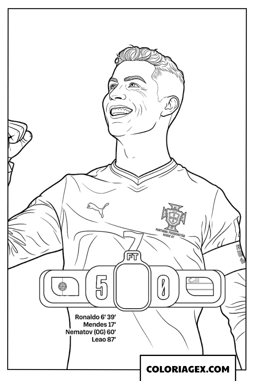 Coloriage de la celebration de la victoire 5 0 de Cristiano Ronaldo