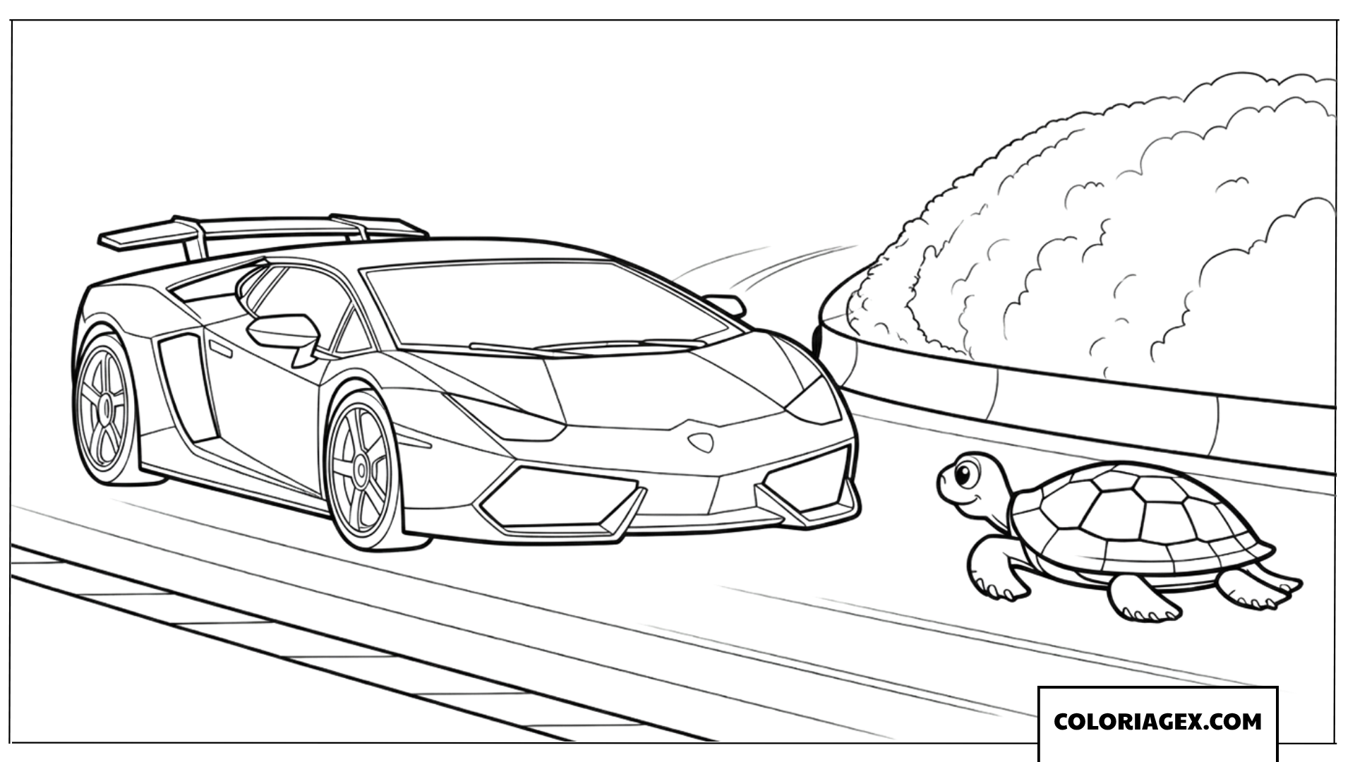 Coloriage de la course entre une Lamborghini et une tortue