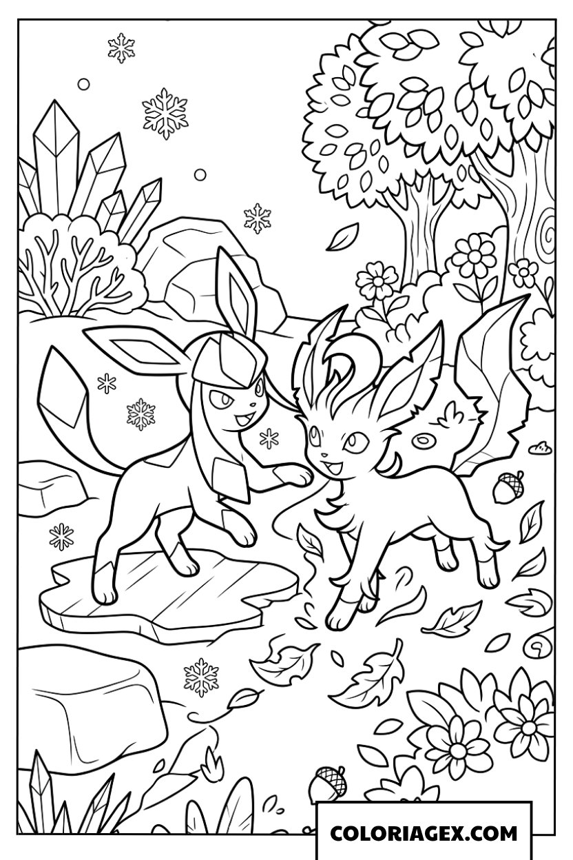 Coloriage de la rencontre entre Glaceon et Leafeon