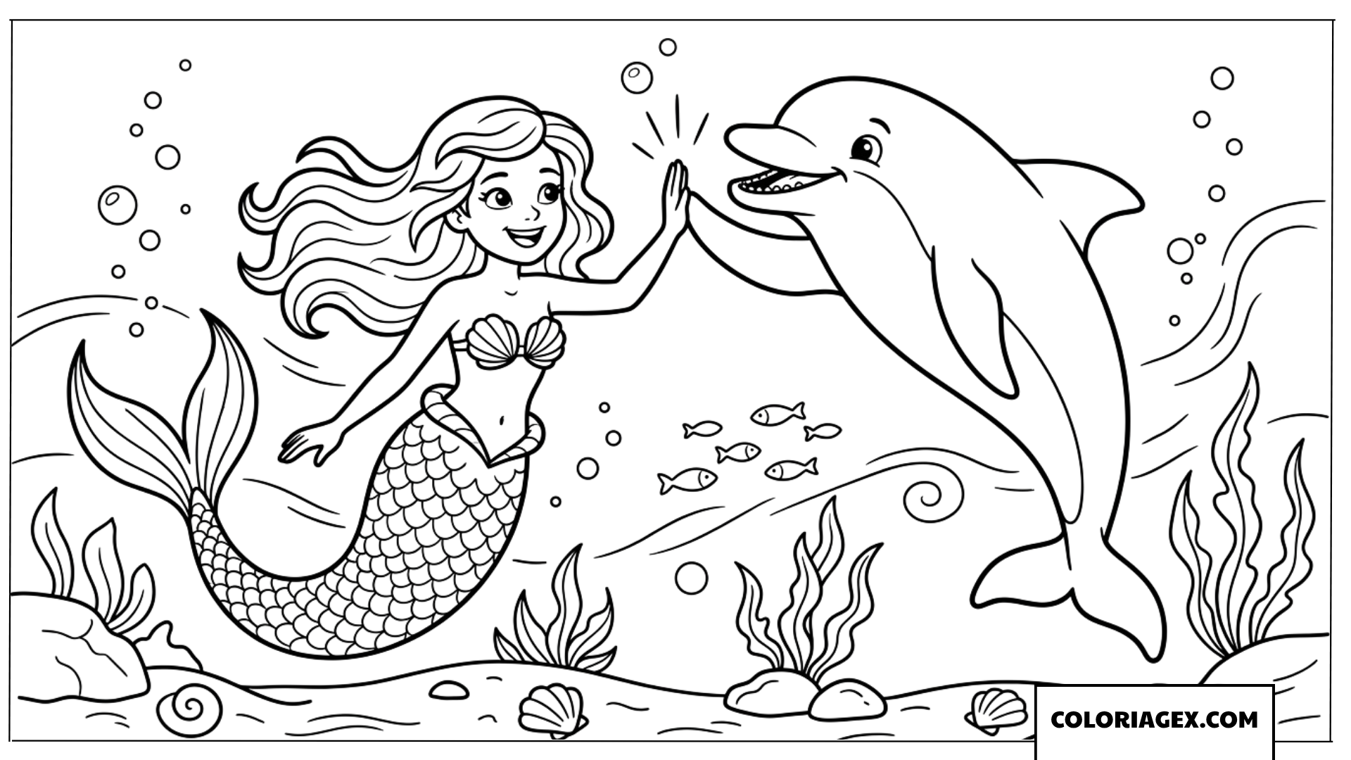 Coloriage de la sirene joyeuse saluant un dauphin