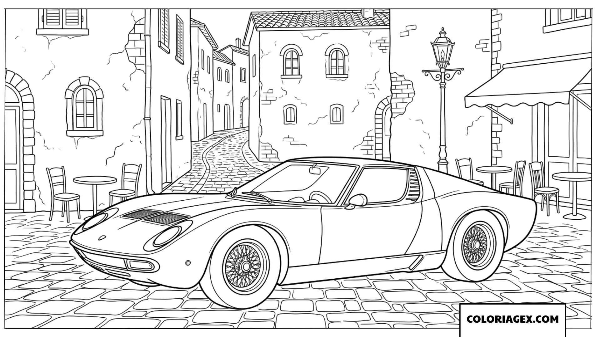 Coloriage de la voiture Lamborghini Miura en vieille ville
