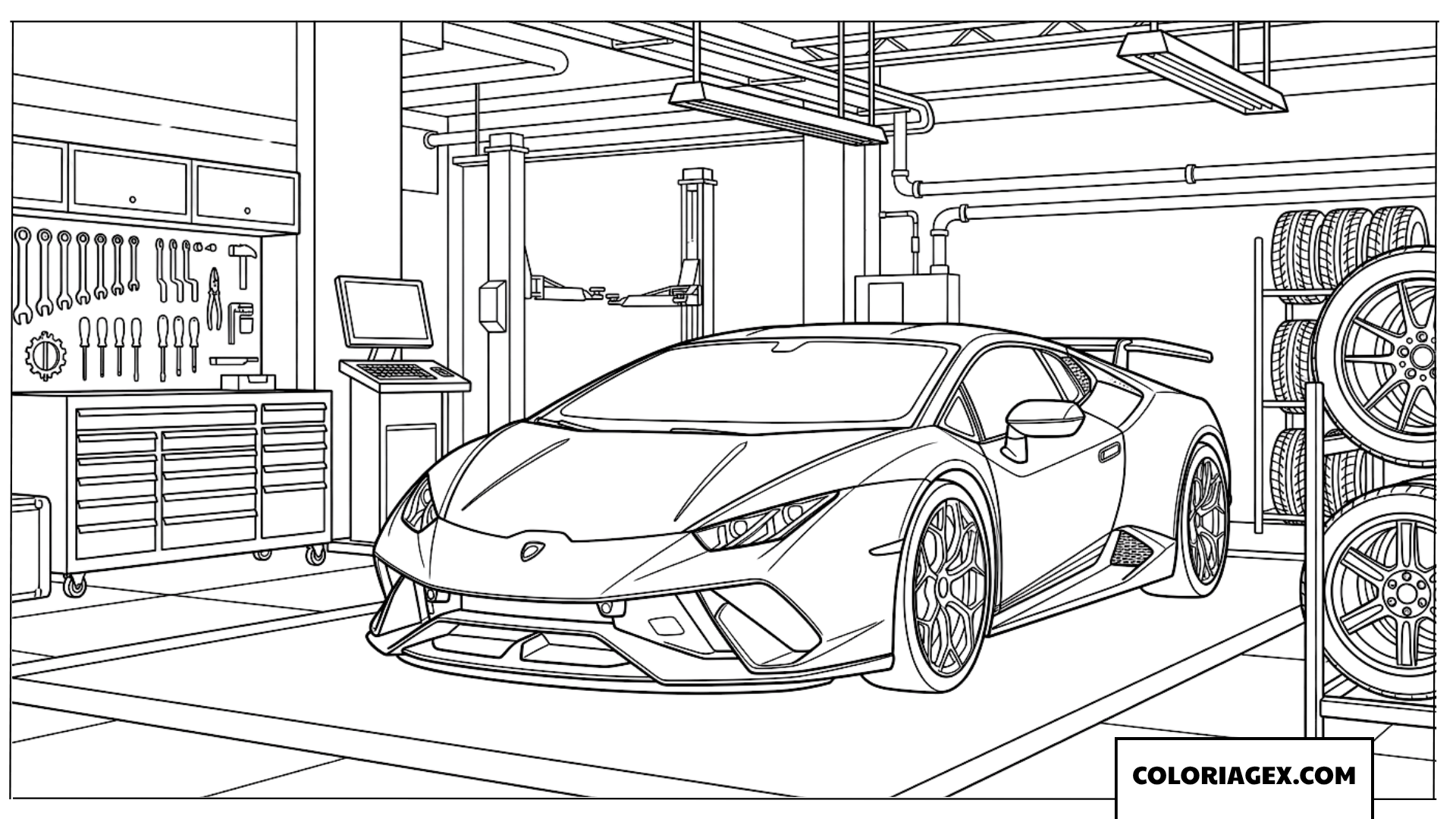 Coloriage de la voiture Lamborghini en entretien dans le garage