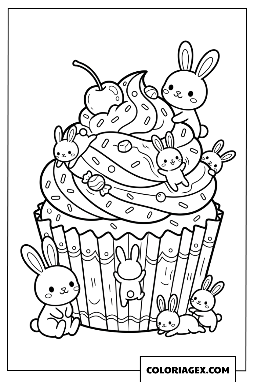 Coloriage de lapins espiègles jouant sur un cupcake géant