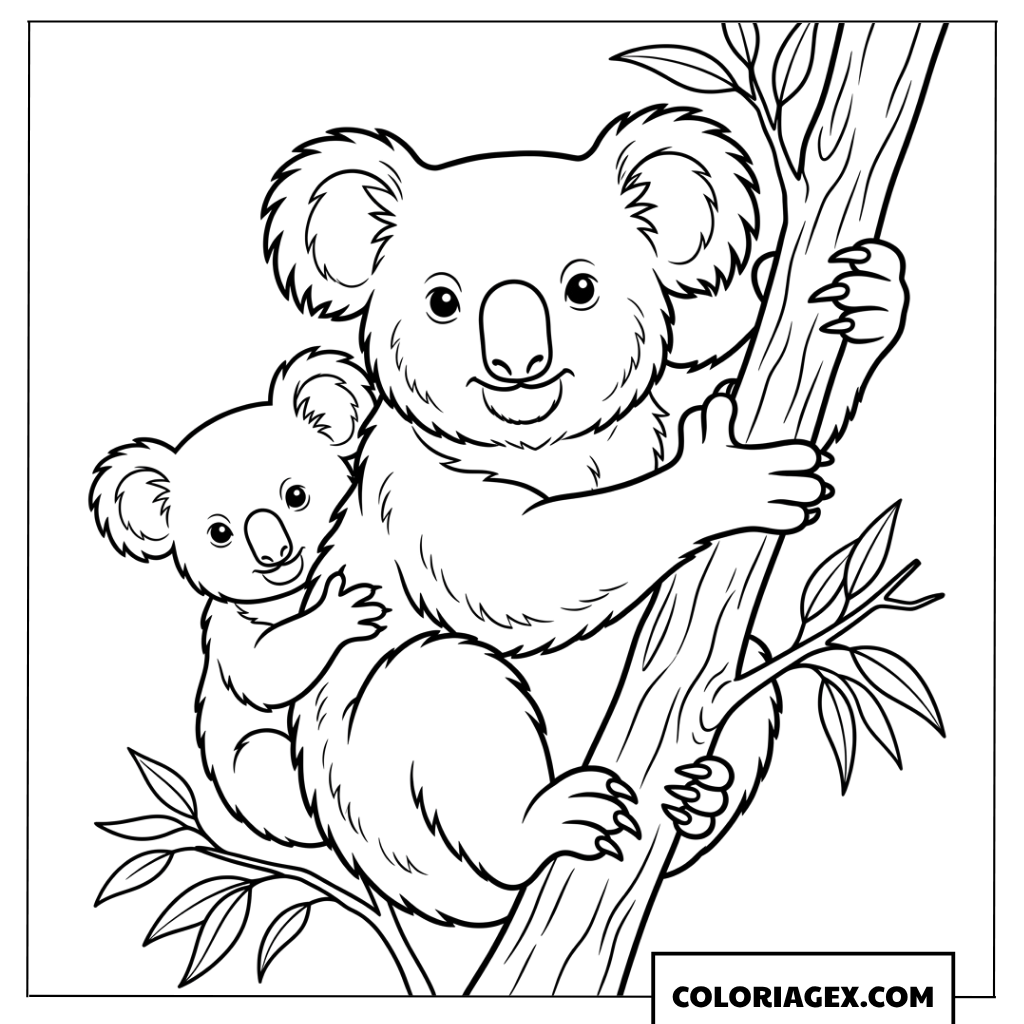 Coloriage de maman Koala et son petit grimpant ensemble