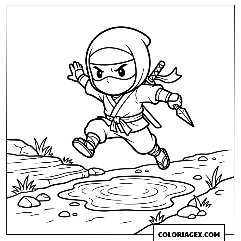 Coloriage de ninja chibi sautant par dessus une flaque d'eau