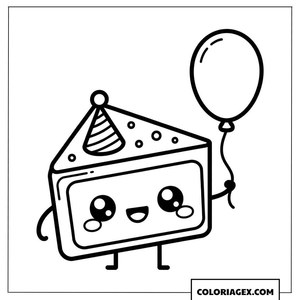 Coloriage de part de gateau kawaii avec un ballon